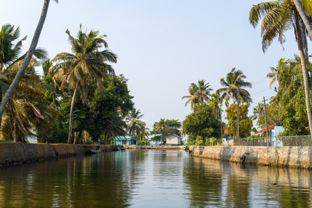 Alappuzha, India - March 7, 2023: A canal bordered by stone embankments is lined with palm trees and residential houses, with a small boat moored along the left side and clear sky overhead.のeditorial素材