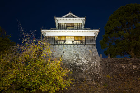 Kumamoto, Japan - November 13, 2024: The illuminated white-walled turret and stone wall of Kumamoto...
