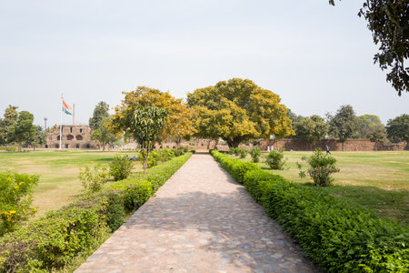 Delhi, India - March 29, 2024: The image shows a stone pathway bordered by green hedges and landscaped lawns leading towards large trees and the distant stone ruins of Feroz Shah Kotla Fort, with the Indian national flag visible on a flagpole under a cleaのeditorial素材
