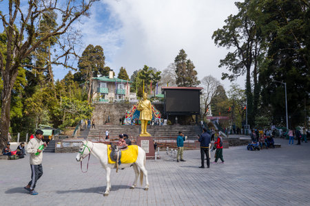 Darjeeling, India - March 26, 2024: People are seen standing and walking around a golden statue and steps at Mall Square, with a saddled white horse, large screen, trees, and surrounding buildings visible.のeditorial素材