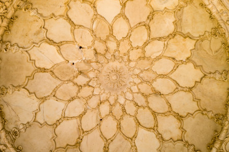 Agra, India - March 11, 2024: The image shows a close-up view of the intricately carved ceiling at Machchi Bhawan in Agra Fort, featuring symmetrical floral and geometric patterns in light-colored stone.のeditorial素材