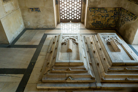Delhi, India - March 30, 2024: The image shows two intricately carved stone cenotaphs on a tiled floor inside the Jamali Kamali Tomb at the Mehrauli Archaeological Complex, with geometric tilework and a wooden lattice door visible in the background.のeditorial素材