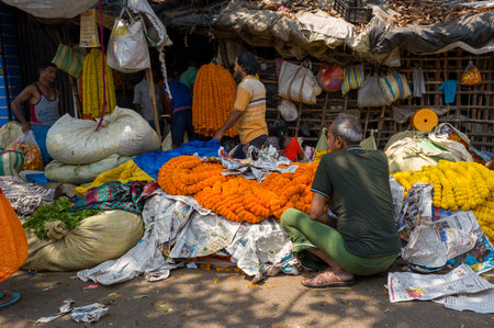 Calcutta, India - March 24, 2024: Men are seen sitting and standing among large sacks and piles of orange and yellow marigold garlands at an outdoor flower market, with makeshift stalls and bags hanging in the background.のeditorial素材