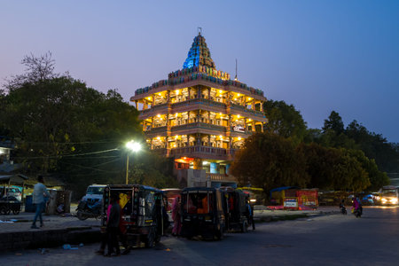 Prayagraj, India - March 20, 2024: The Shri Adi Shankar Vimana Mandapam temple is brightly...