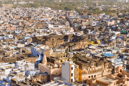 Bundi, India - March 20, 2022: The image shows an aerial view of the densely packed old town with a...