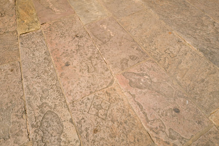 Prayagraj, India - March 21, 2024: The image shows a close-up view of weathered sandstone paving stones forming part of the ground surface at Khusro Bagh during daylight.のeditorial素材