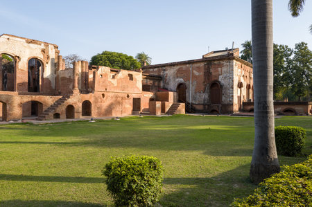 Lucknow, India - March 15, 2024: The image shows the exterior of a ruined colonial-era brick...