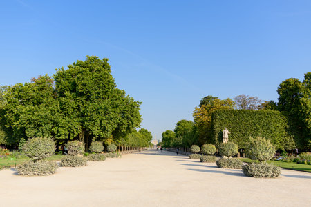Paris, France - July 18, 2022: The central gravel walkway of the Jardin des Tuileries is bordered by manicured trees, ornamental shrubs, and classical statues under a clear blue sky.のeditorial素材