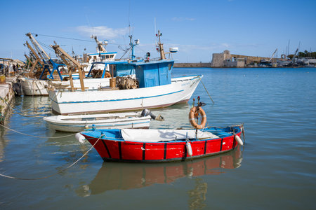 Trani, Italy - October 16, 2020: Several fishing boats and small vessels are moored in the harbor with a historic stone fort visible in the background under a clear blue sky.のeditorial素材