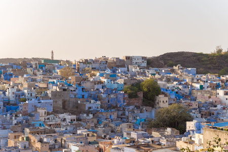 Jodhpur, India - March 26, 2022: An elevated view shows a dense cluster of blue-painted and tan residential buildings in Jodhpur, with trees interspersed among the structures and a distant hill visible under a clear sky.のeditorial素材
