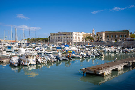 Trani, Italy - October 16, 2020: Numerous boats are docked in the marina with historic stone buildings and a bell tower visible in the background under a clear blue sky.のeditorial素材