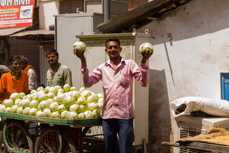 Udaipur, India - March 23, 2022: A man stands in front of a handcart filled with cabbages, holding two cabbages and smiling at the camera, with other people and a building with Hindi signage in the background.のeditorial素材