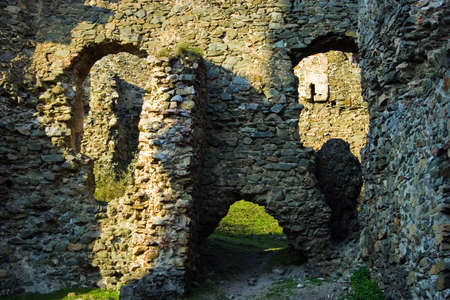 Late Gothic framing of the North Palace from Soimos castle.The internal yard. Situated on a hill nearby the european road E68 after the eastern entrance into the village Lipova-Romania. Royal castle, then owned by aristocrats, with a relatively well knownの写真素材