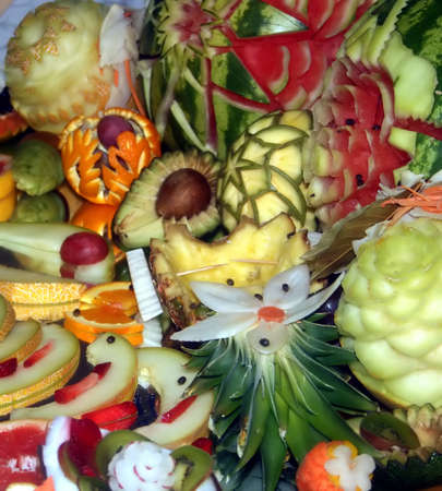 Arrangement of exotic and native fruit, with many decorations の写真素材