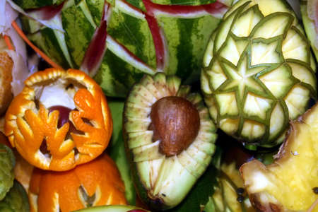 Arrangement of exotic and native fruit, with many decorations の写真素材