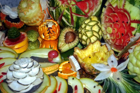 Arrangement of exotic and native fruit, with many decorations の写真素材