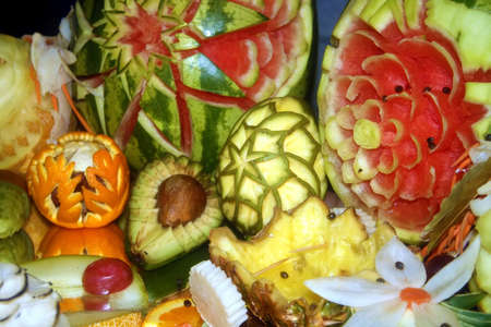 Arrangement of exotic and native fruit, with many decorations の写真素材