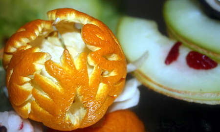 Arrangement of exotic and native fruit, with many decorations の写真素材