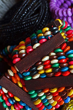 Different colored trinkets displayed in the waiting customers の写真素材