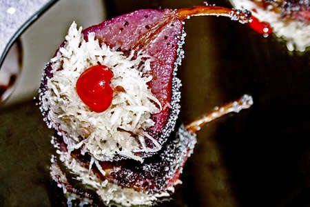 Arrangement cooking with different varieties of fish and fruitの写真素材