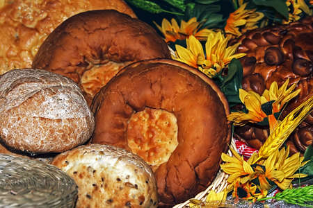Assortment of freshly baked bread with sunflowerの写真素材