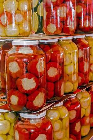 Various types of pickles prepared in jarsの写真素材