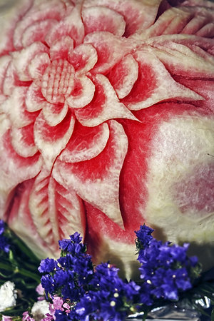 Ornaments carved into a watermelon, presented at a culinary exhibitionの写真素材