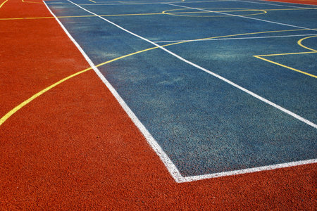 Sports field with synthetic turf and different markings, used in sportsの写真素材