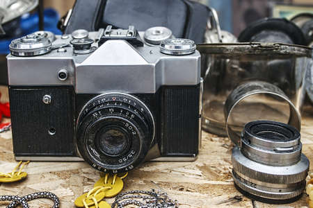 Old photo camera  Antiques Fair in Timisoara, Romaniaの写真素材