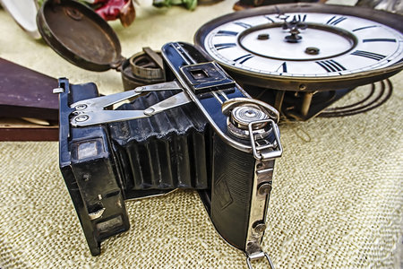 Old photo camera  Antiques Fair in Timisoara, Romaniaの写真素材