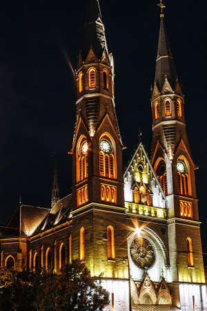 Night lighting of the Roman-Catholic Cathedral  located in Balcescu Square of Timisoara, Romania の写真素材