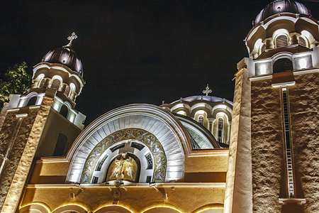 Noscturna lighting Deanery church located in Sinaia Square of Timisoara, Romania  の写真素材