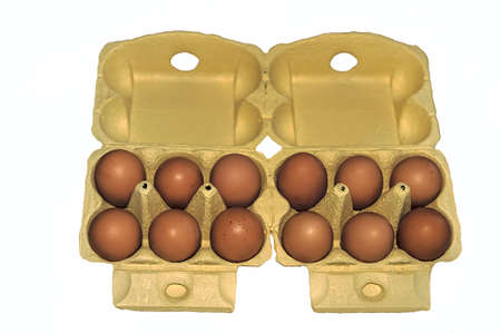 Twelve eggs arranged in a yellow cartonの写真素材