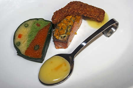 Arrangement cooking with different varieties of fish and sweetsの写真素材