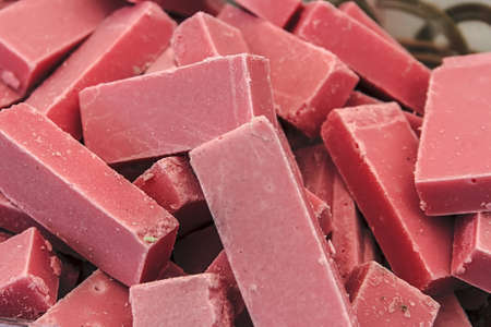 Chocolate bars with strawberry exposed to sale in bulkの写真素材