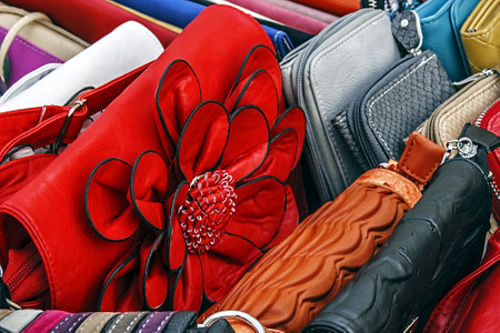 Colorful ladies purses and various ornamental shapesのeditorial素材