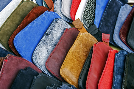 Colorful leather covers for mobile phones, exposed for sale 