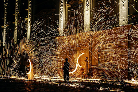 Fire show, set in a historical location in Timisoara, Romania