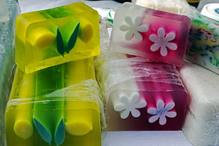 Soaps for children with various ornaments, made from natural products and various fruit flavors の写真素材