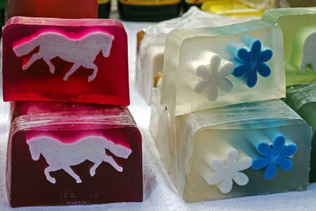 Soaps for children with various ornaments, made from natural products and various fruit flavors の写真素材