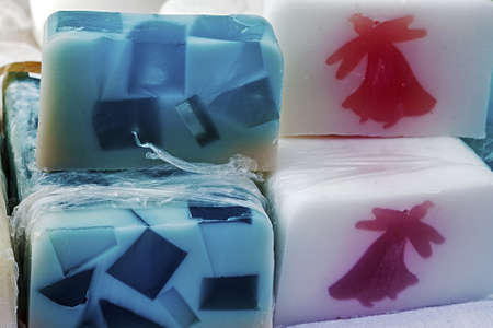 Soaps for children with various ornaments, made from natural products and various fruit flavors の写真素材