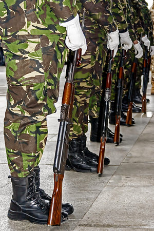 Platoon of soldiers in formation, performing movements with weapons at a military demonstration on...