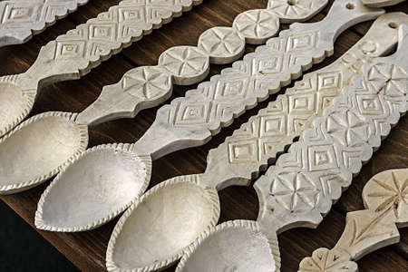 Wooden spoons carved with traditional motifs Romanian の写真素材