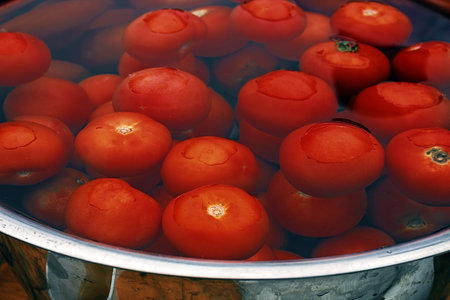 Large pot filled with water and washed tomatoes の写真素材