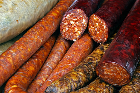 Sausages and salami cut, placed on a table の写真素材
