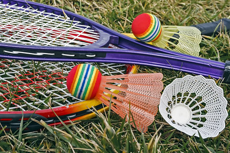 Badminton rackets and shuttlecocks placed on the grass 