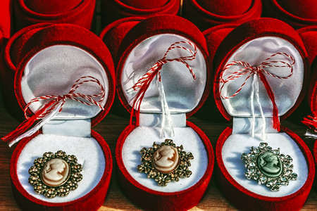 Martisor- symbol of the coming spring in Romania, Moldova, Bulgaria and Macedonia  This decoration is worn near heart during March month by women の写真素材