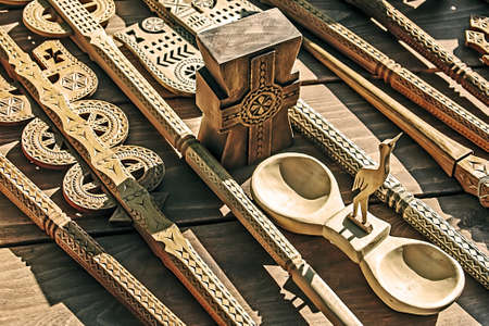 Decorative wooden carved traditionally Romanian and exposed for sale の写真素材