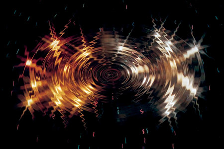Reflection of two lights, white and orange in circular rings on the surface of the water at night 