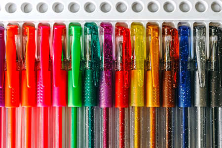 Set of multicolored pens placed on a stand  の写真素材